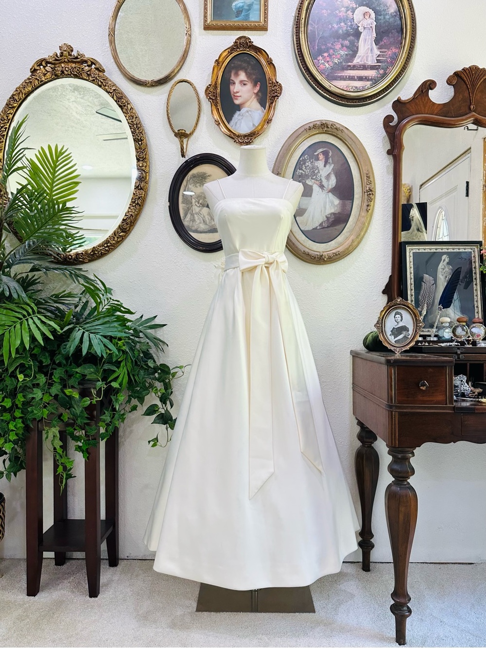 Elegant Ivory Satin A-Line Dress with Sash